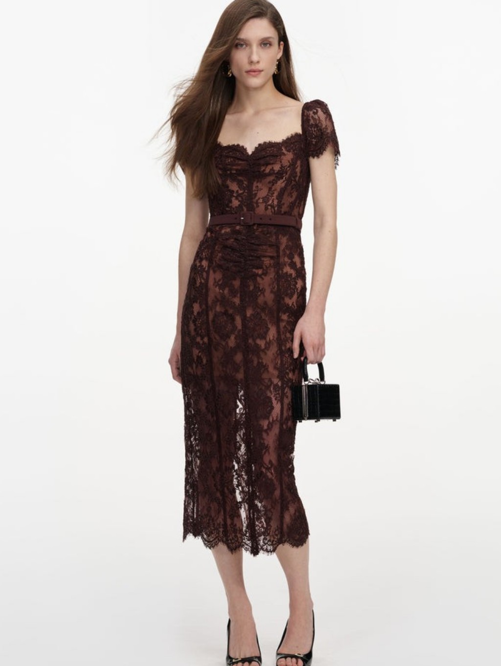 Self Portrait Brown Floral Lace Midi Dress
